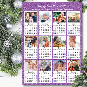 Carte Magnétique 2026 Calendrier Famille Photo Moderne Violet Parti