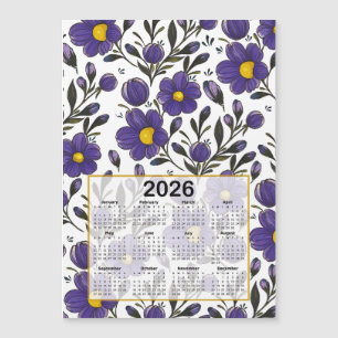 Carte Magnétique 2026 Calendrier Fleurs violettes bleues avec Feuil