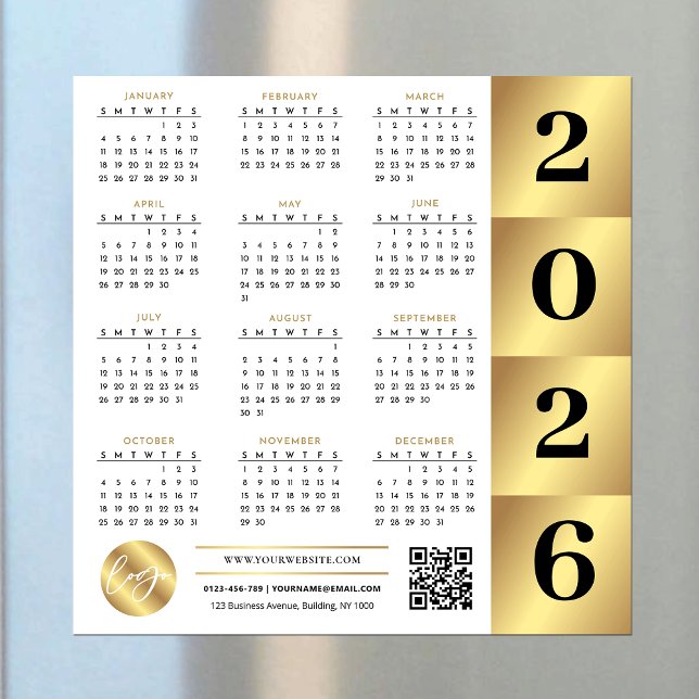 Carte Magnétique 2026 Calendrier Gold Business Logo QR Code Marketi (Créateur téléchargé)