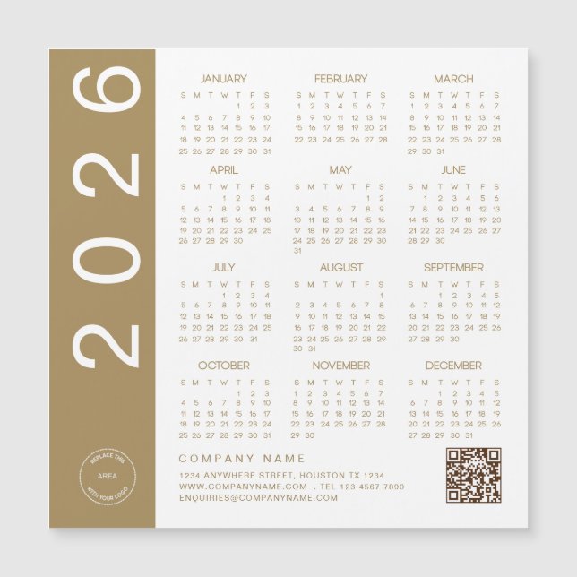 Carte Magnétique 2026 Calendrier Gold Texte QR Code Entreprise Logo (Devant)