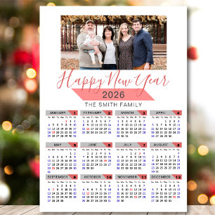 Carte Magnétique 2026 Calendrier Moderne Rose Famille Photo Magnéti