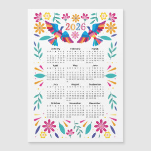 Carte Magnétique 2026 Calendrier Otomi volant mexicain Oiseaux et f