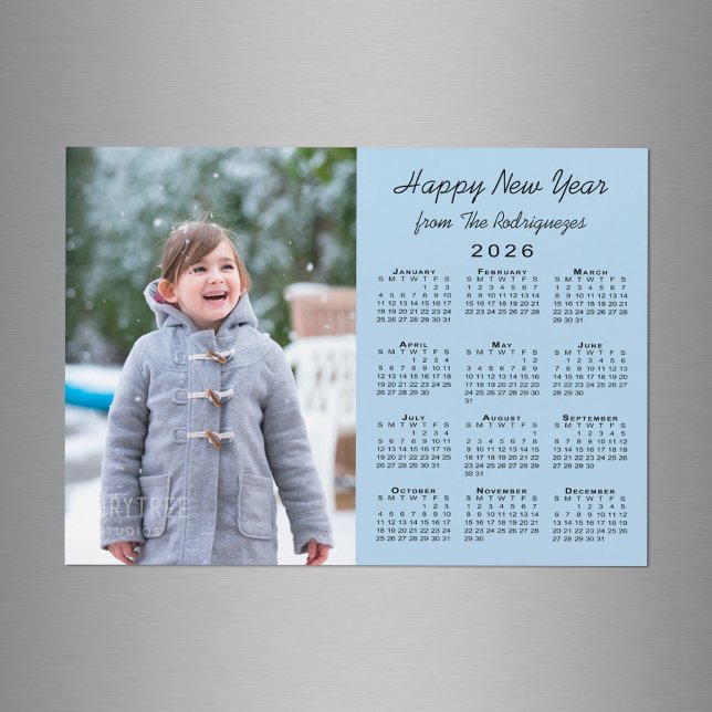 Carte Magnétique 2026 Calendrier Photo Bonne Année Bleu clair (2026 Calendar Photo Happy New Year Light Blue Magnet in situ)