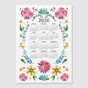 Carte Magnétique 2026 Calendrier Traditionnel Floral Folk Art Mexic