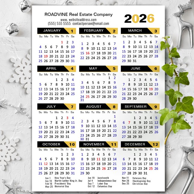 Carte Magnétique 2026 Calendrier Vacances US Moderne Affaires Magné (Créateur téléchargé)