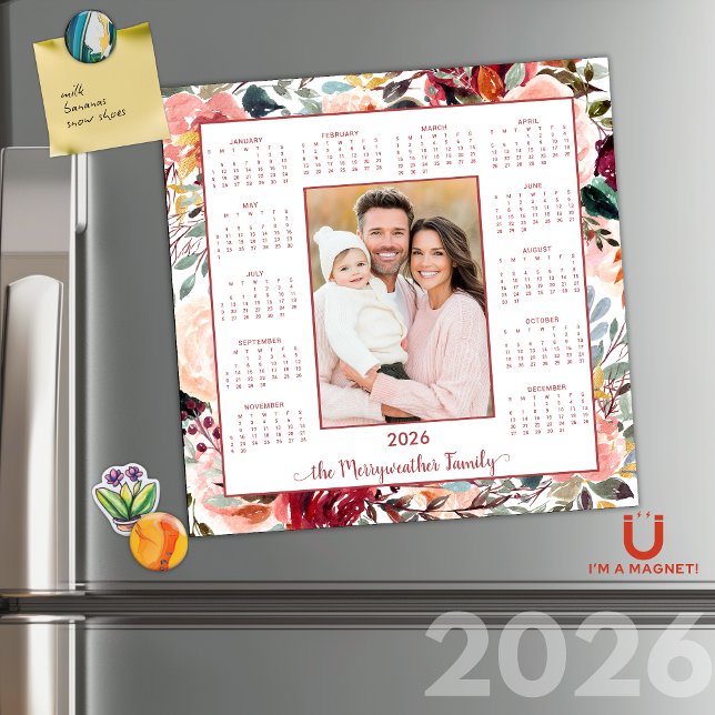 Carte Magnétique 2026 Élégant Blush Floral Photo Calendrier magnéti (2026 Elegant Blush Floral Photo Magnetic Calendar)
