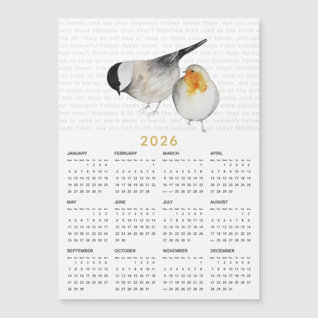 Carte Magnétique 2026 Matthew 6:26 Aquarelle Birds Calendrier Magne (Devant)