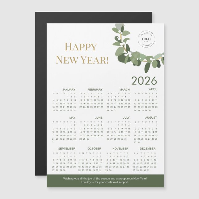 Carte Magnétique 2026 Modern Wreath Your Logo ici Calendrier vert (Devant / Derrière)