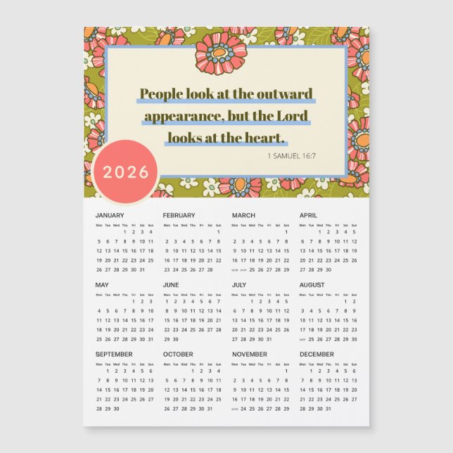 Carte Magnétique 2026 Retro Floral 1 Samuel 16:7 Calendrier (Devant)