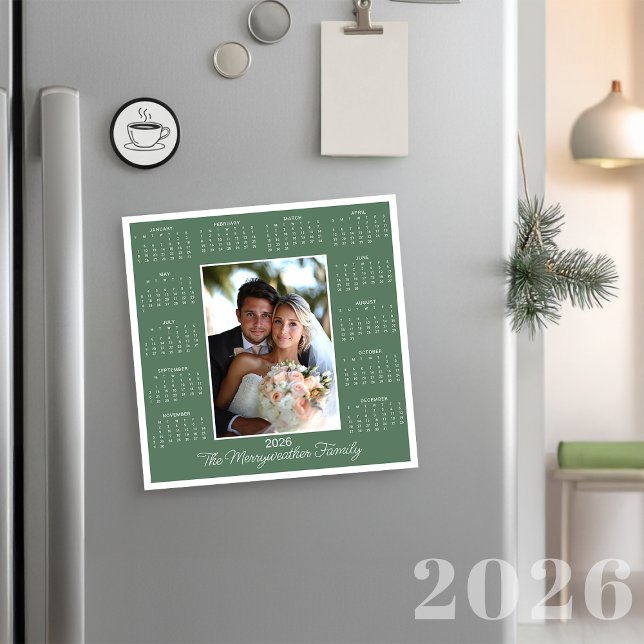 Carte Magnétique 2026 Sage Green Photo Calendrier magnétique (2026 Sage Green Photo Magnetic Calendar Holiday Card)