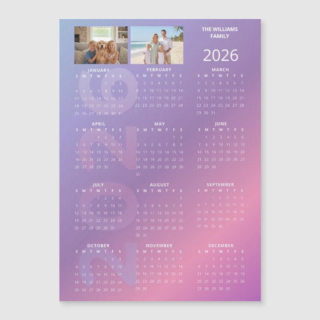 Carte Magnétique 2026 Yearly Calendar Pink Blue Personalised Photo (Devant)