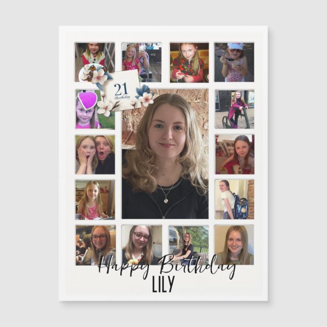 Carte Magnétique 21e Anniversaire crème bleu fleur amande (Devant)