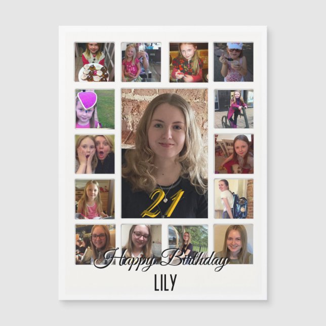 Carte Magnétique 21e Anniversaire crème bleu fleur amande (Devant)