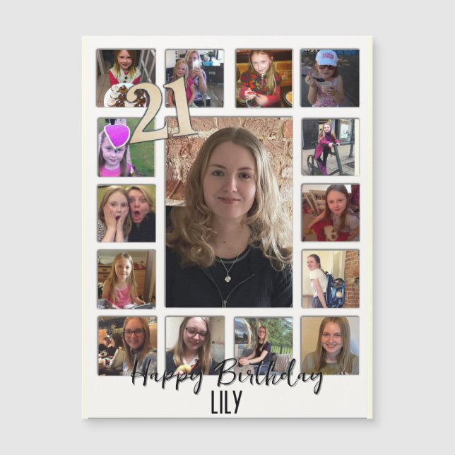 Carte Magnétique 21e Anniversaire crème bleu fleur amande (Devant)