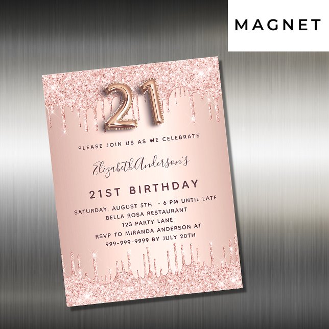 Carte Magnétique 21e anniversaire rose or parties scintillant d'inv (Créateur téléchargé)