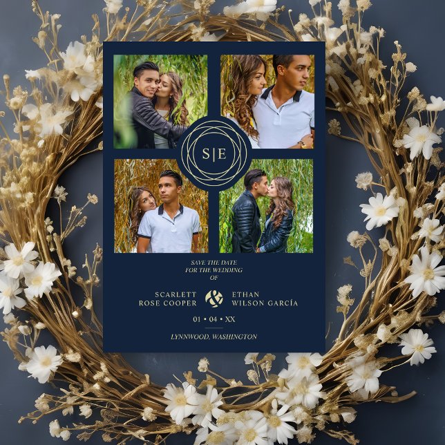 Carte Magnétique 4 Multi Photos Navy Blue & Gold Minimal Initials (4 Multi Photos Navy Blue & Faux Gold Minimal Initials Save the date Magnetic Card. )