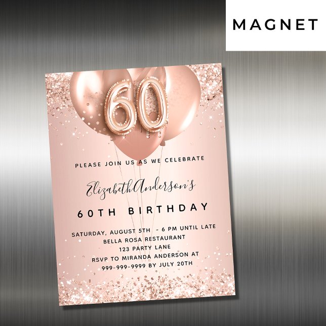 Carte Magnétique 60e anniversaire rose or ballons d'invitation aima (Créateur téléchargé)