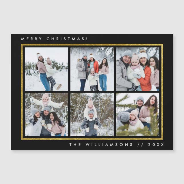 Carte Magnétique 6 photos personnalisées| Joyeux Noël noir et or (Devant)