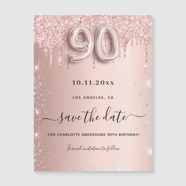 Carte Magnétique 90e anniversaire rose parties scintillant enregist (Devant)