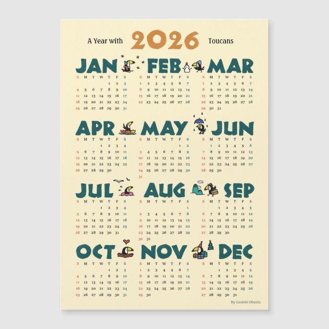 Carte Magnétique A Year with Toucans: Calendar 2026 マグネットカード (Devant)