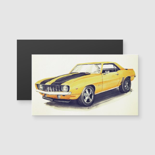 Carte Magnétique Aimant Camaro Jaune 1969 (Devant / Derrière)