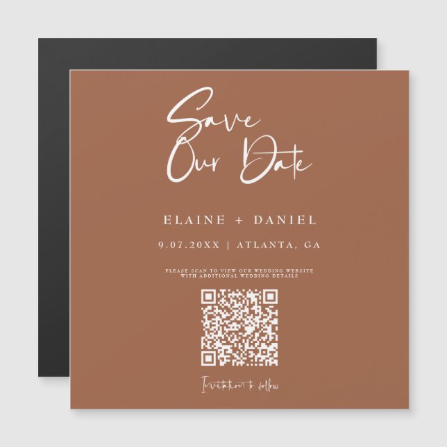Carte Magnétique Aimant QR Code Save The Date écriture rustique (Devant / Derrière)