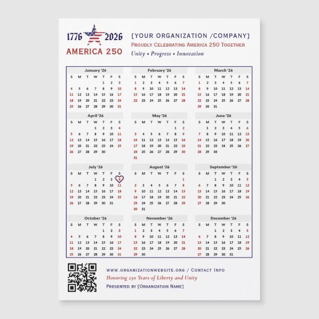Carte Magnétique Amérique 250 Patriotic 2026 Calendrier Keepsaké (Devant)