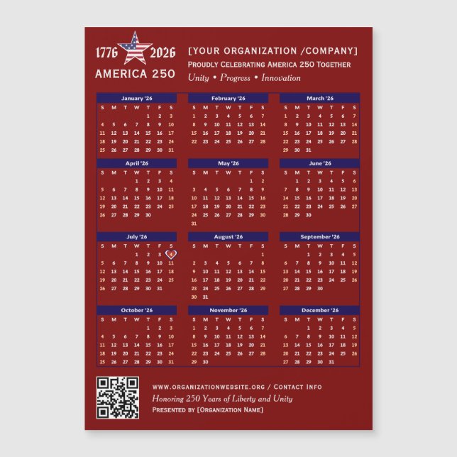 Carte Magnétique Amérique 250 Patriotic Red 2026 Calendrier Keepsak (Devant)