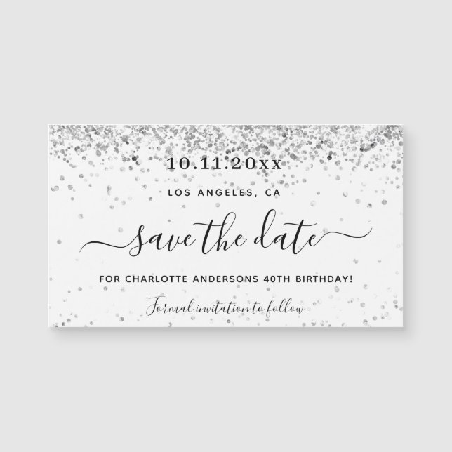 Carte Magnétique Anniversaire blanc argent parties scintillant enre (Devant)