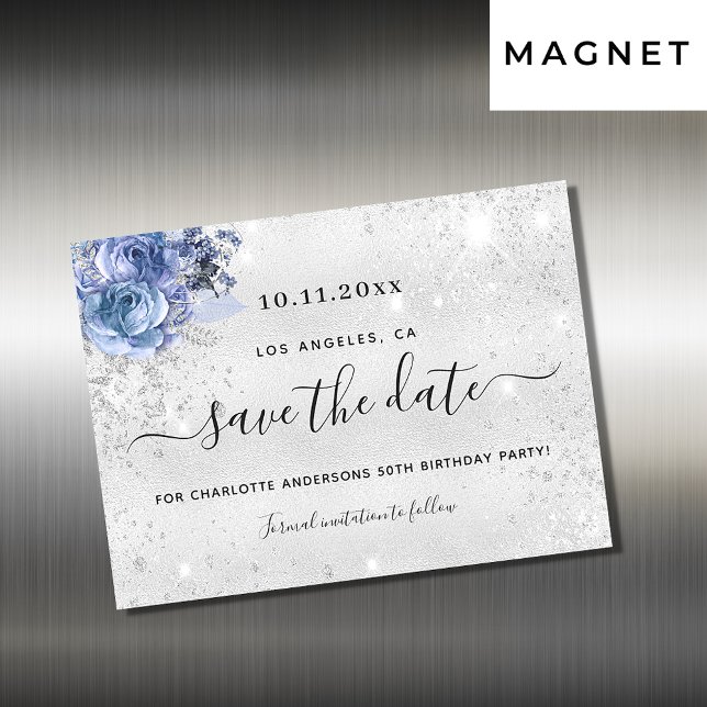 Carte Magnétique Anniversaire bleu argent enregistrer la date aiman (Créateur téléchargé)