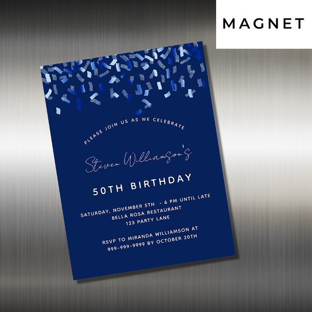 Carte Magnétique Anniversaire bleu marine confetti hommes invitatio (Créateur téléchargé)