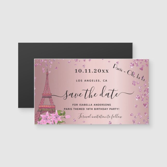Carte Magnétique Anniversaire blush rose paris enregistrer la date  (Devant / Derrière)