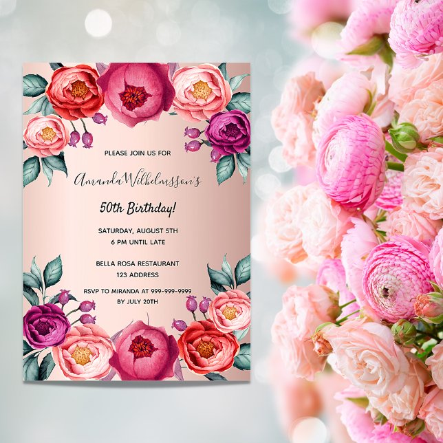 Carte Magnétique Anniversaire fleurie rose or rose aimant invitatio (Créateur téléchargé)