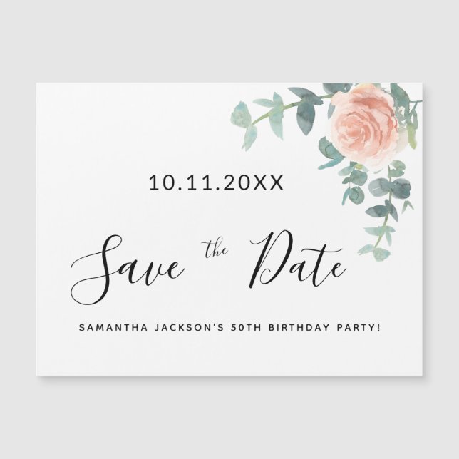 Carte Magnétique Anniversaire rose or floral enregistrer la date (Devant)