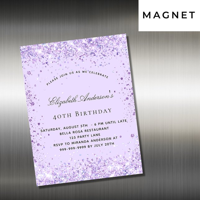Carte Magnétique Anniversaire violet lavande parties scintillant ai (Créateur téléchargé)