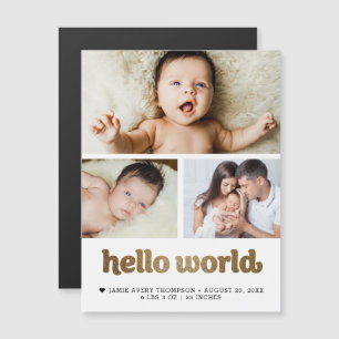 Carte Magnétique Annonce de naissance texte Or Hello World Photo 
