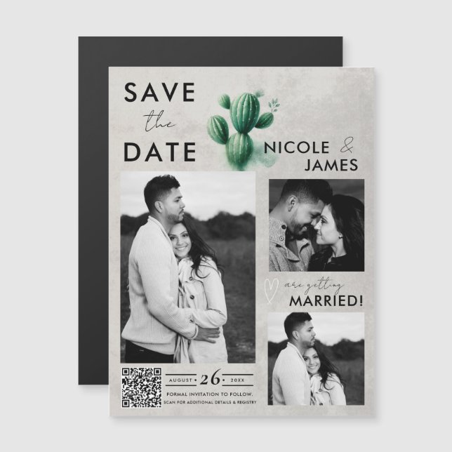 Carte Magnétique Aquarelle Cactus Vert Mariage Économisez la Date (Devant / Derrière)