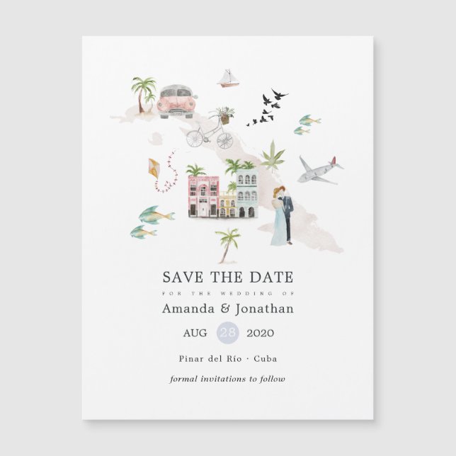 Carte Magnétique Aquarelle Cuba Destination Mariage (Devant)