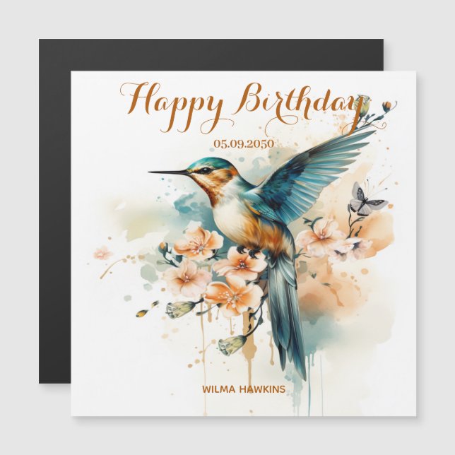 Carte Magnétique Aquarelle Élégant Monogramme De Colibri Avec Nom (Devant / Derrière)