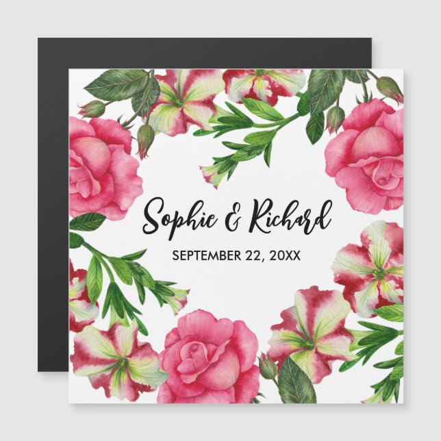 Carte Magnétique Aquarelle Fleurs roses Illustration de couronne (Devant / Derrière)