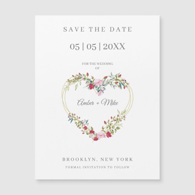 Carte Magnétique Aquarelle florale Coeur avec Feuilles en rose et r (Devant)