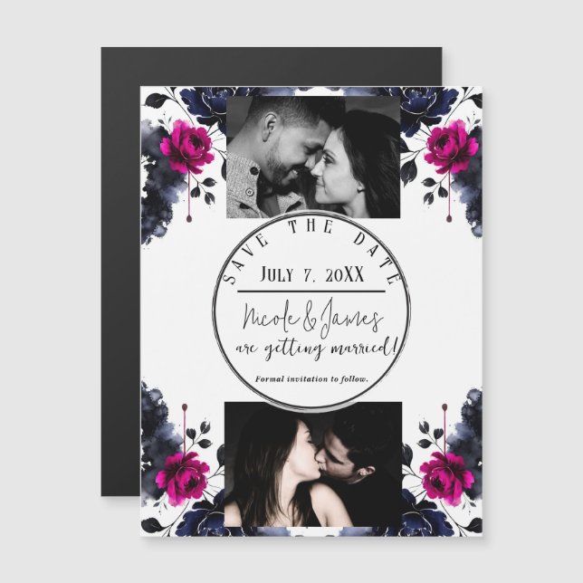 Carte Magnétique Aquarelle florale rose magenta bleu épais Date de  (Devant / Derrière)