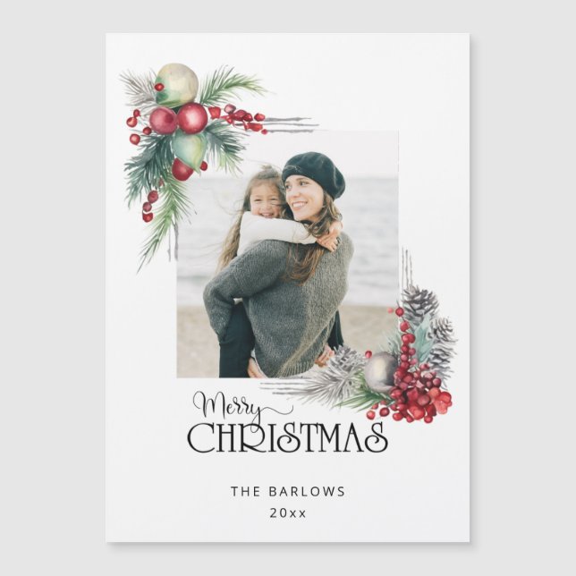 Carte Magnétique Aquarelle Joyeux Noël Floral Photo (Devant)