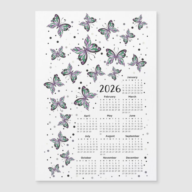 Carte Magnétique Aquarelle Papillons violets 2026 Calendrier (Devant)