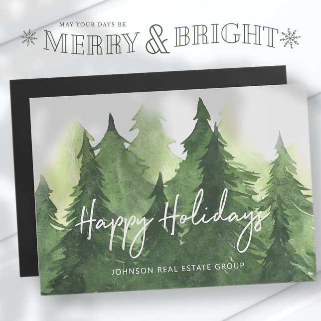 Carte Magnétique Aquarelle Pine verte Arbres Business Joyeux Vacanc (Créateur téléchargé)