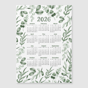 Carte Magnétique Aquarelle Vert Feuilles 2026 Calendrier