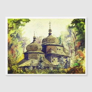 Carte Magnétique Aquarelle Vintage de l'église ukrainienne en bois