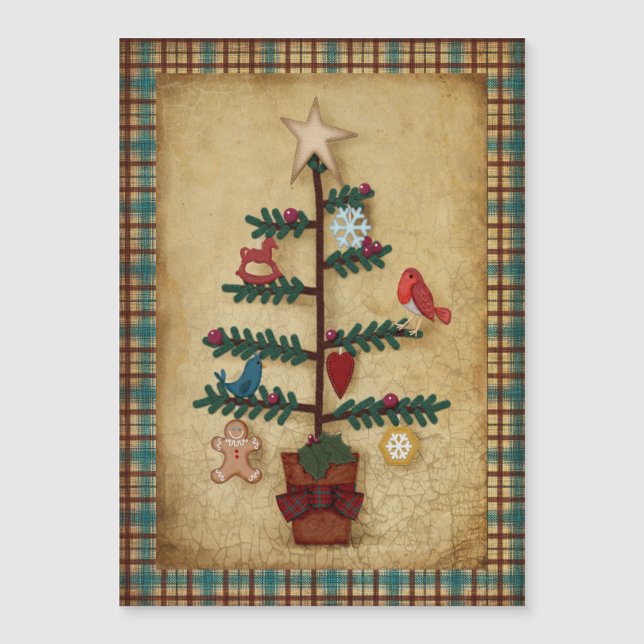 Carte Magnétique Arbre de Noël d'art populaire avec ornements de fe (Devant)