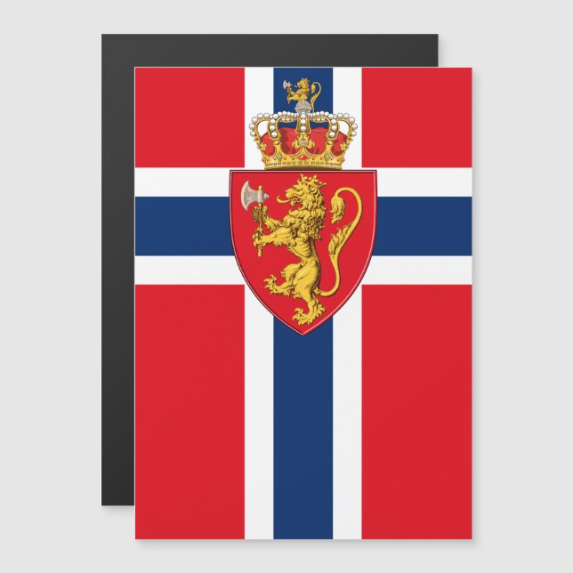 Carte Magnétique Armoiries de la Norvège sur le drapeau norvégien,  (Devant / Derrière)