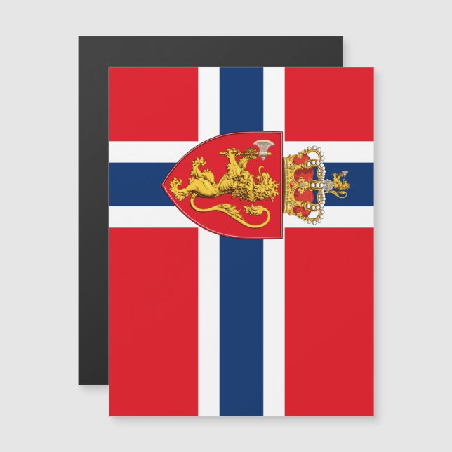 Carte Magnétique Armoiries de Norvège sur le drapeau de la Norvège, (Devant / Derrière)